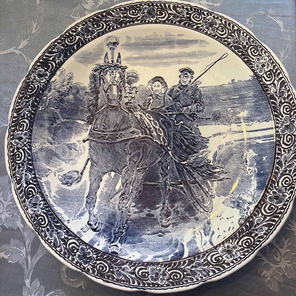 VTG Boch Belgium Delfts Style Charger Blue White Plate Large 15" Horse Carriage